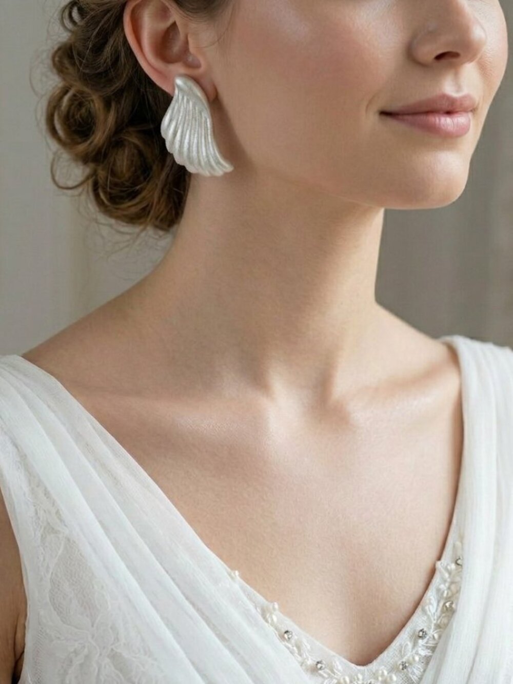 Angel Wings Pierced Stud Earrings Ivory Glitter